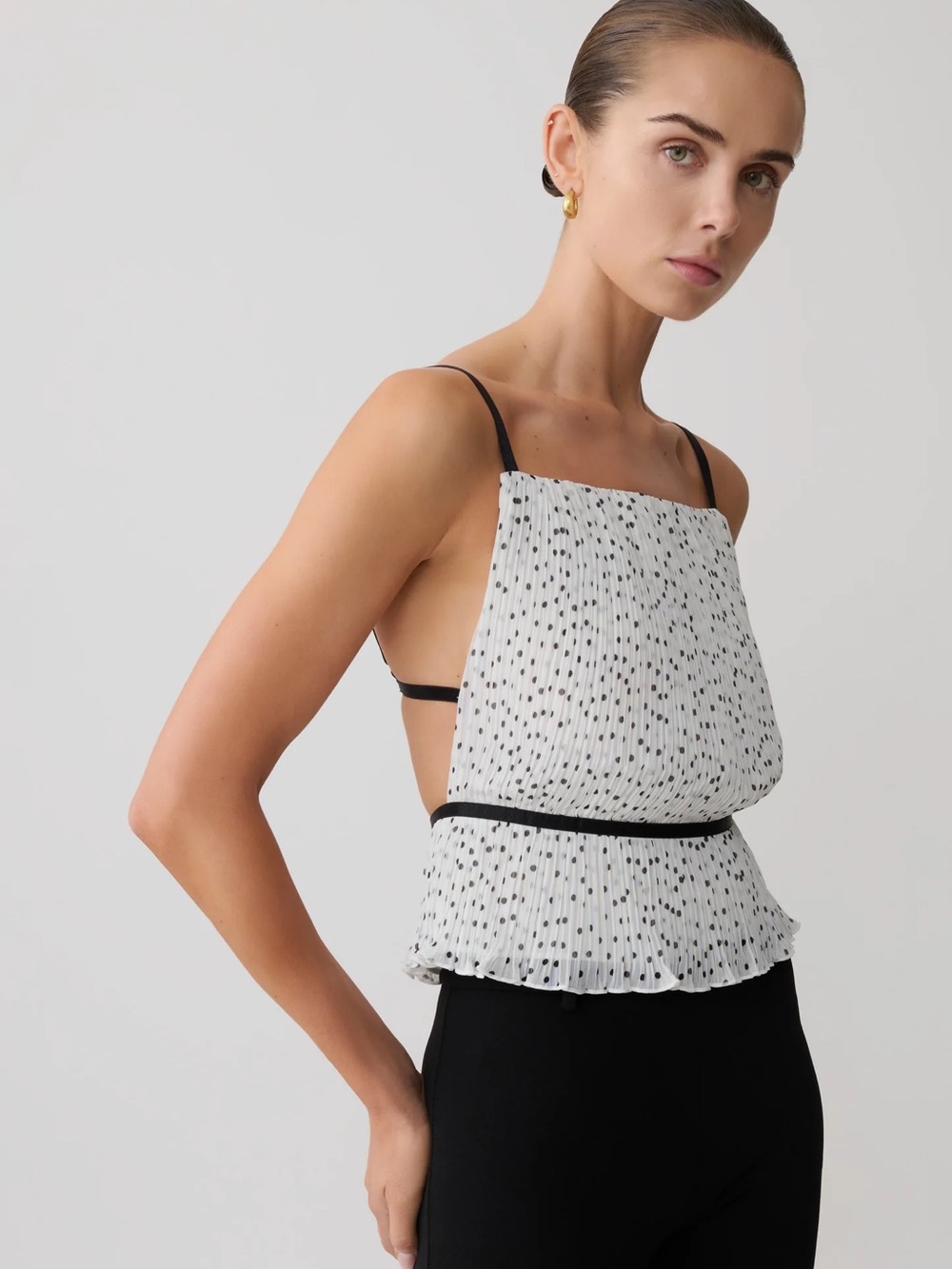 Meshki White Dotted Pleated Camisole with Black Trim